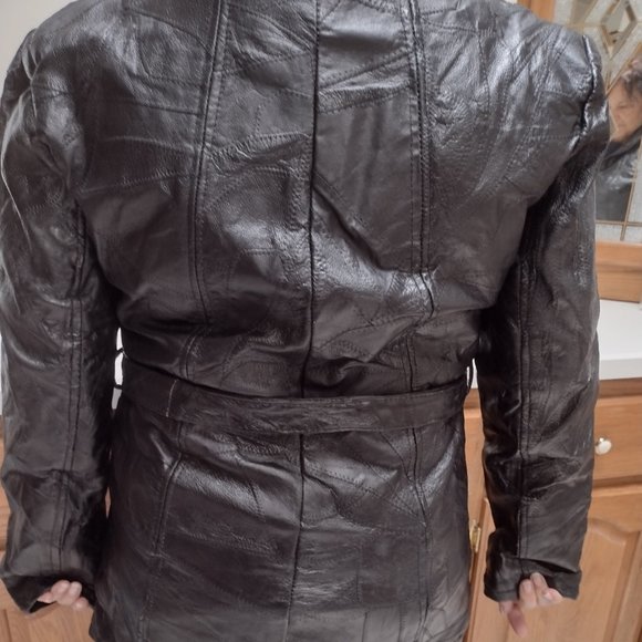 100% Genuine Italian Stone Leather Patchwork Black Coat XL - Picture 11 of 13